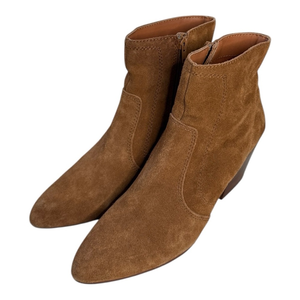 CHELSEA & VIOLET Jane Suede Leather Block Heel Ankle Boots Tan Size 8.5 Western - Picture 4 of 14